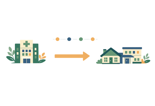 Illustration of the 30 day transition from hospital to home or assisted living